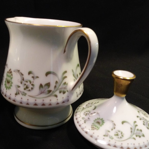 Johann Seltmann Vohenstrauss Sugar n Creamer w Lid Green Floral Gold Trim - Picture 3 of 16